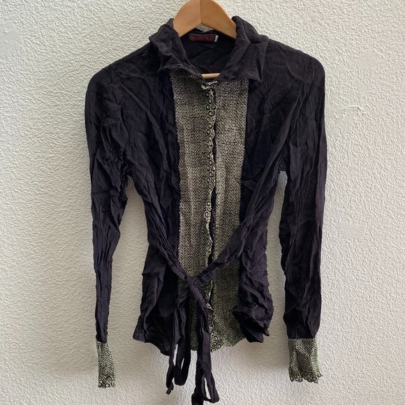 Johnny Was Button Down Front Tie Long Sleeve Shirt Top Embroidered Small Rayon - Picture 1 of 7